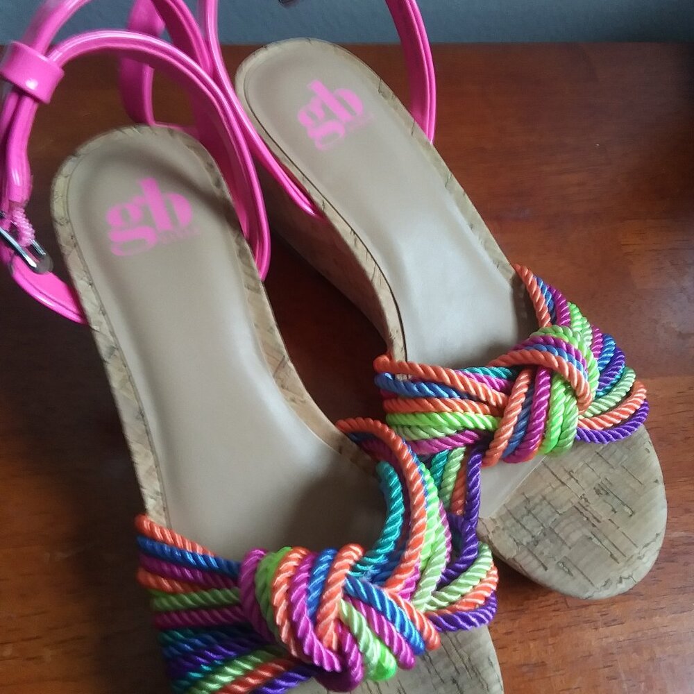 GB Girls Rainbow Cord Knot Ankle Cork Wedge Sandals Shoes Girl's Size 4